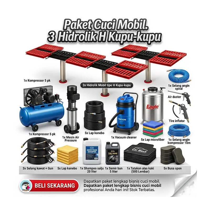 Paket Usaha Cuci Mobil 3 Hidrolik H Kupu-Kupu | Skala Besar & Profesional